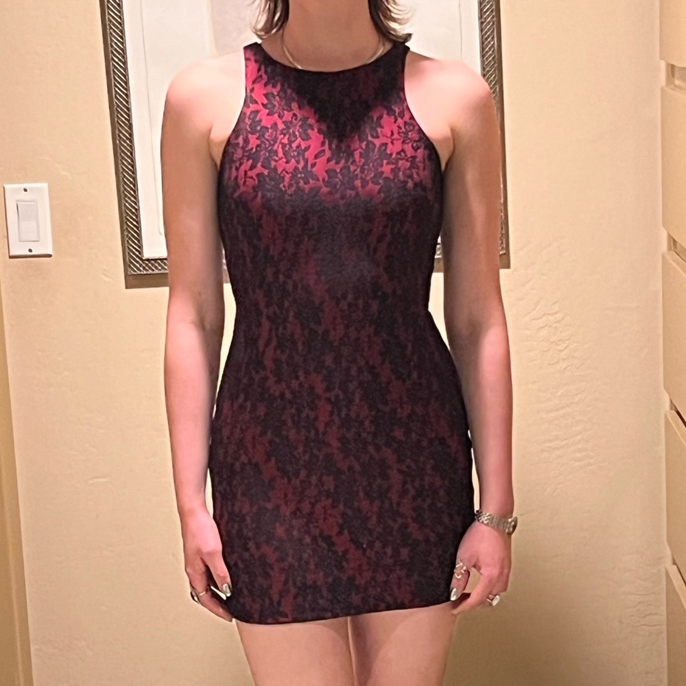 Black lace over red mini dress, stretchy, back zip